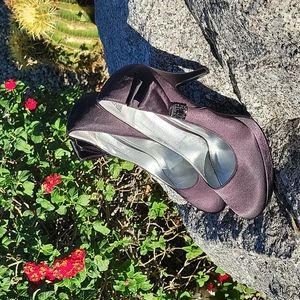 Black Satin High Heels Womens Size 8.5 with Side Ribbon and Bead Accent